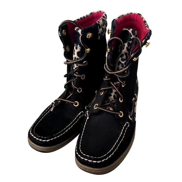 Sperry 7.5 Hikerfish Black Leather Leopard Lace High Ankle Boots  9531393 - Picture 6 of 8